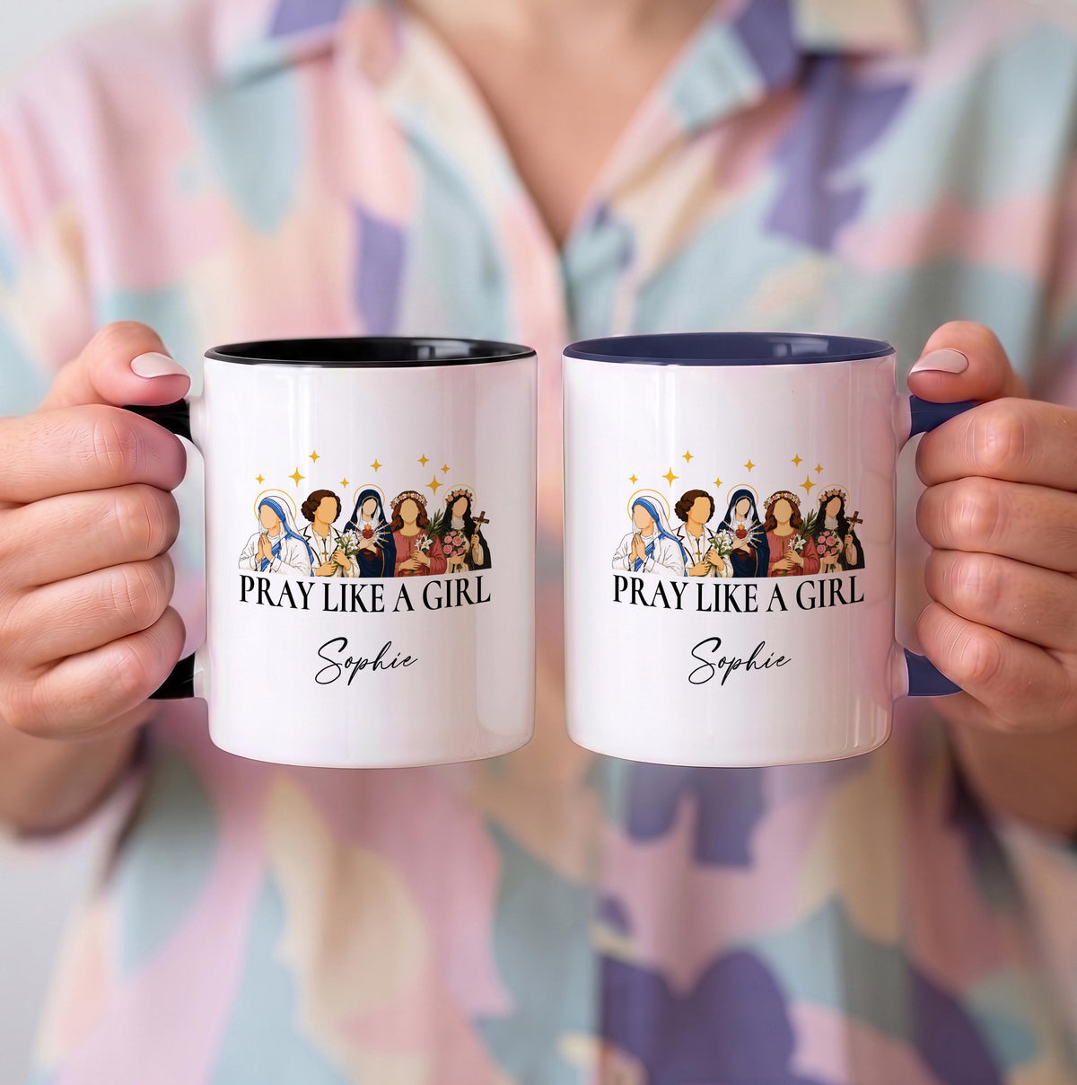 Personalized Catholic Saints Coffee Mug, Pray Like A Girl, Custom Name Ceramic Cup
