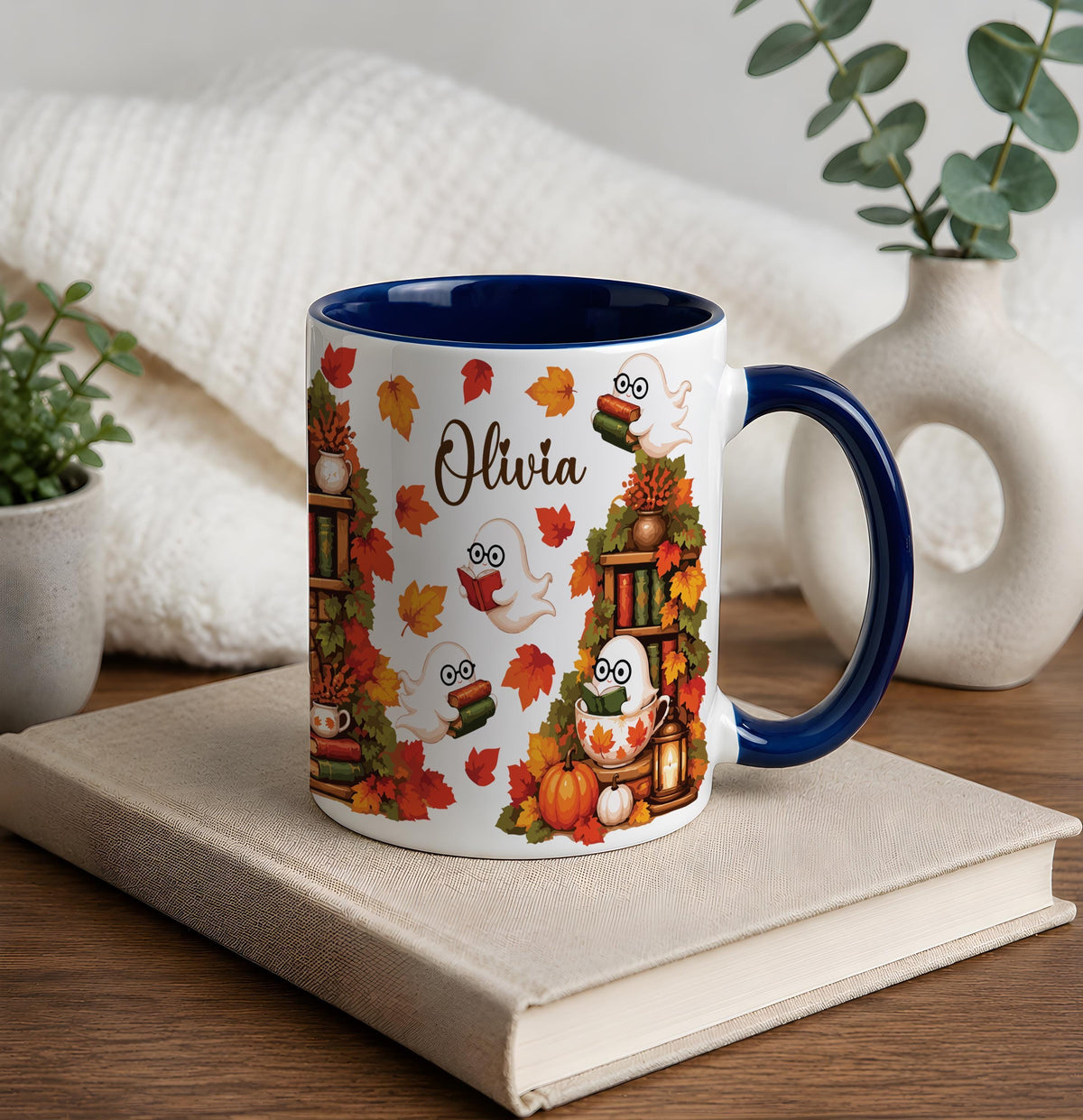 Custom Name Ghost Reading Coffee Mug, Personalized Cozy Fall Book Lover Ceramic Cup