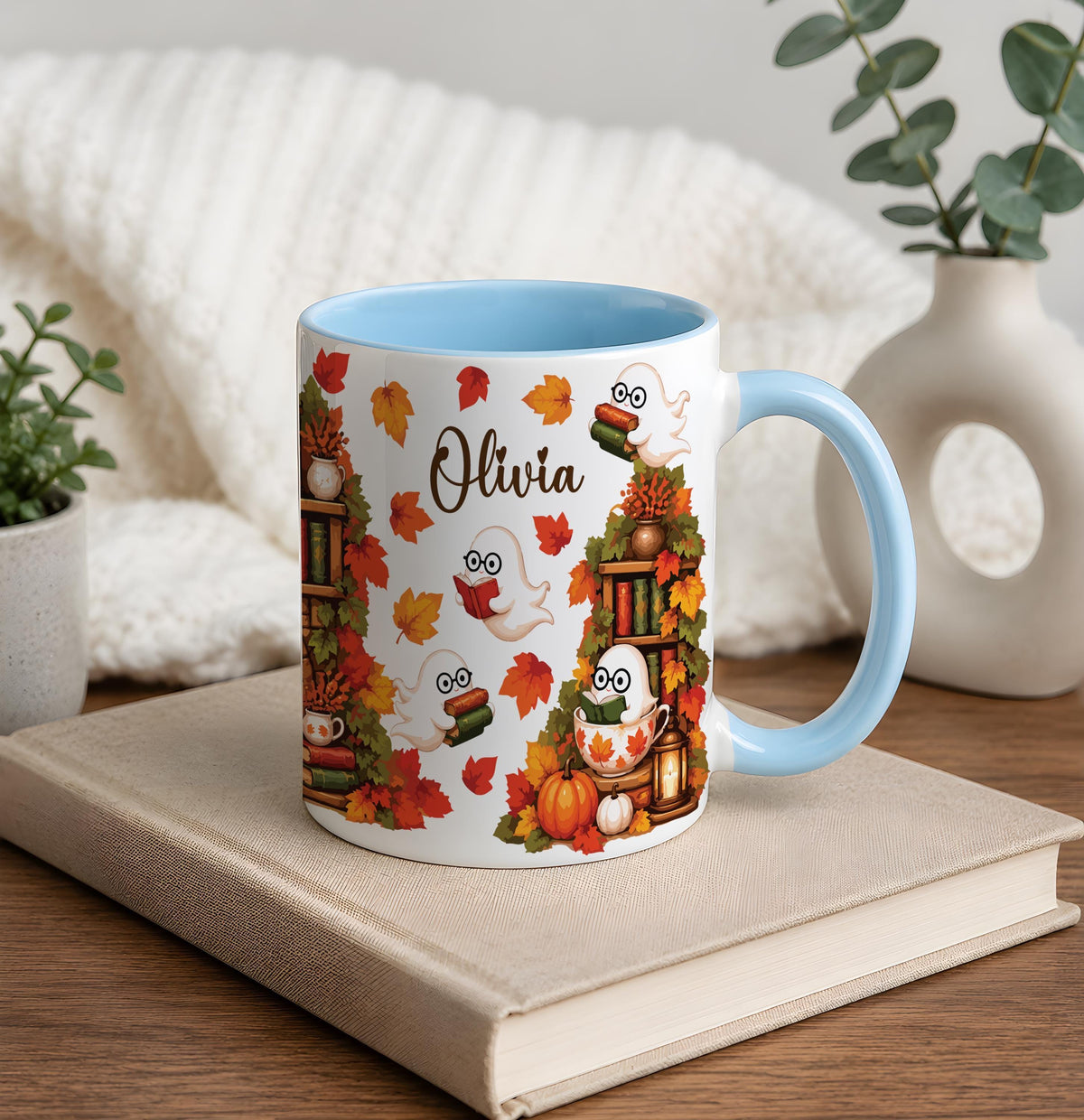Custom Name Ghost Reading Coffee Mug, Personalized Cozy Fall Book Lover Ceramic Cup