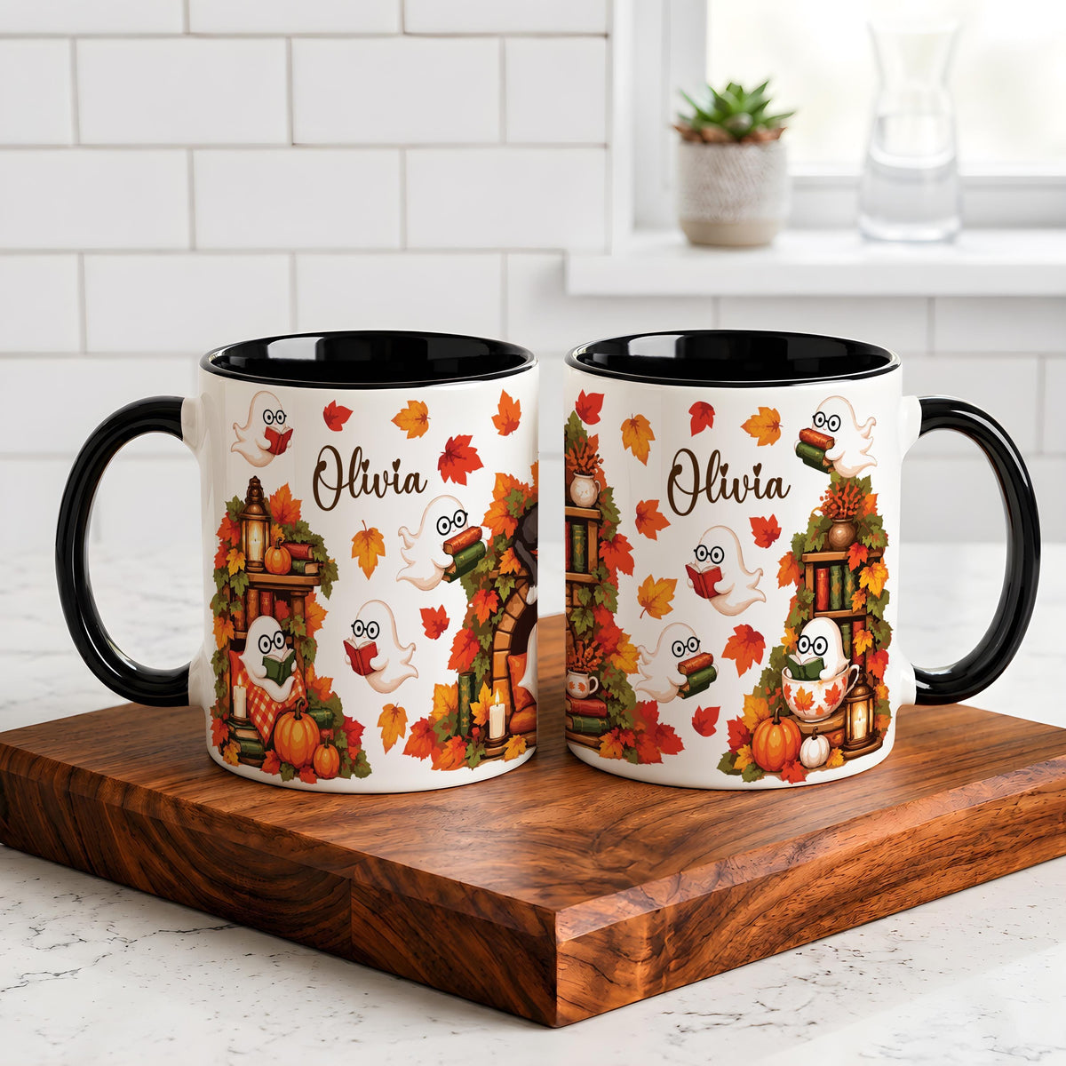Custom Name Ghost Reading Coffee Mug, Personalized Cozy Fall Book Lover Ceramic Cup