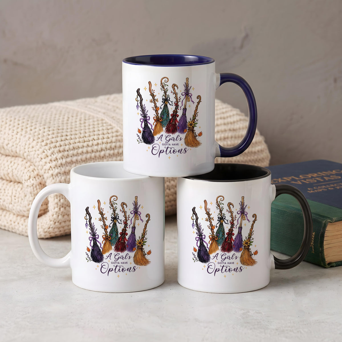 A Girls Gotta Have Options Ceramic Cup, Funny Quote Witch Broomstick Coffee Mug