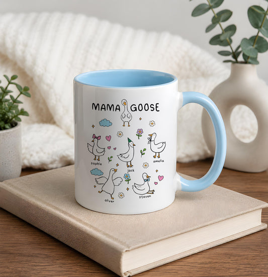 Personalized Mama Goose Mug with Kids Names, Custom Funny Goose Family Coffee Cup