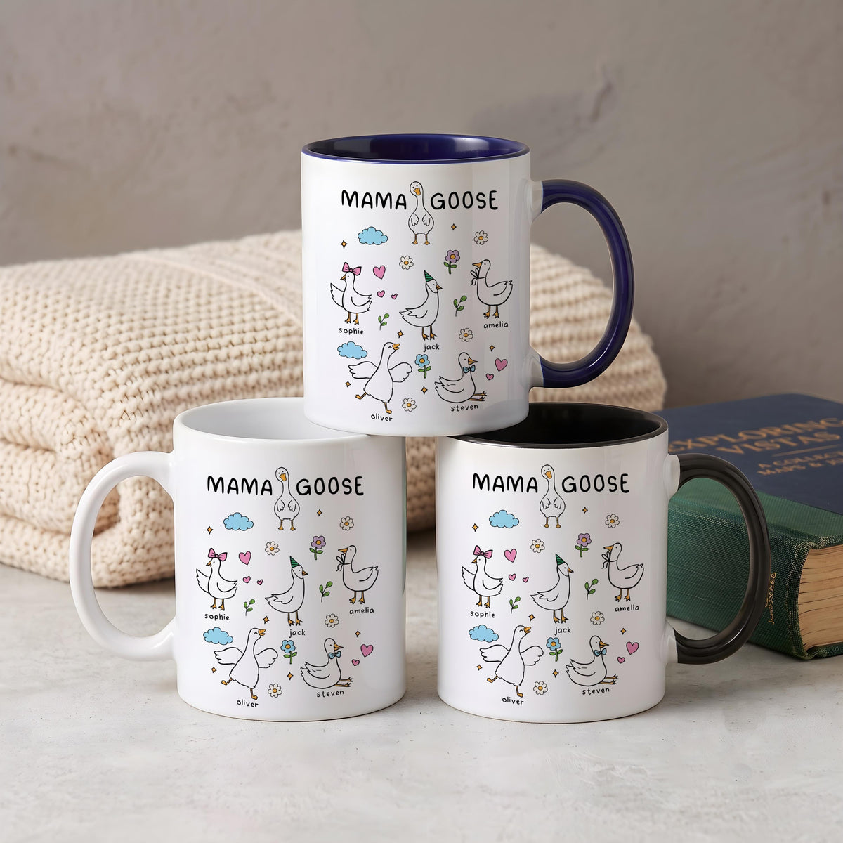 Personalized Mama Goose Mug with Kids Names, Custom Funny Goose Family Coffee Cup