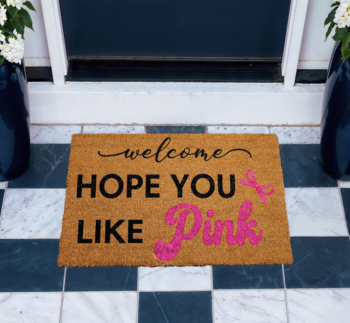Welcome Hope You Like Pink Doormat, Pink Coquette Bow Door Mat, Cute Ribbon Coco Fiber Mat