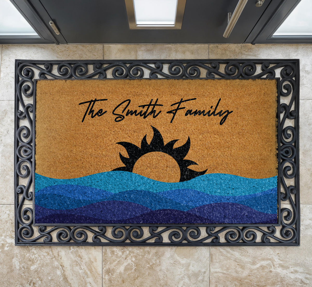 Personalized Family Name Summer Doormat, Sun & Waves Family Mat, Custom Entryway New Home Gift