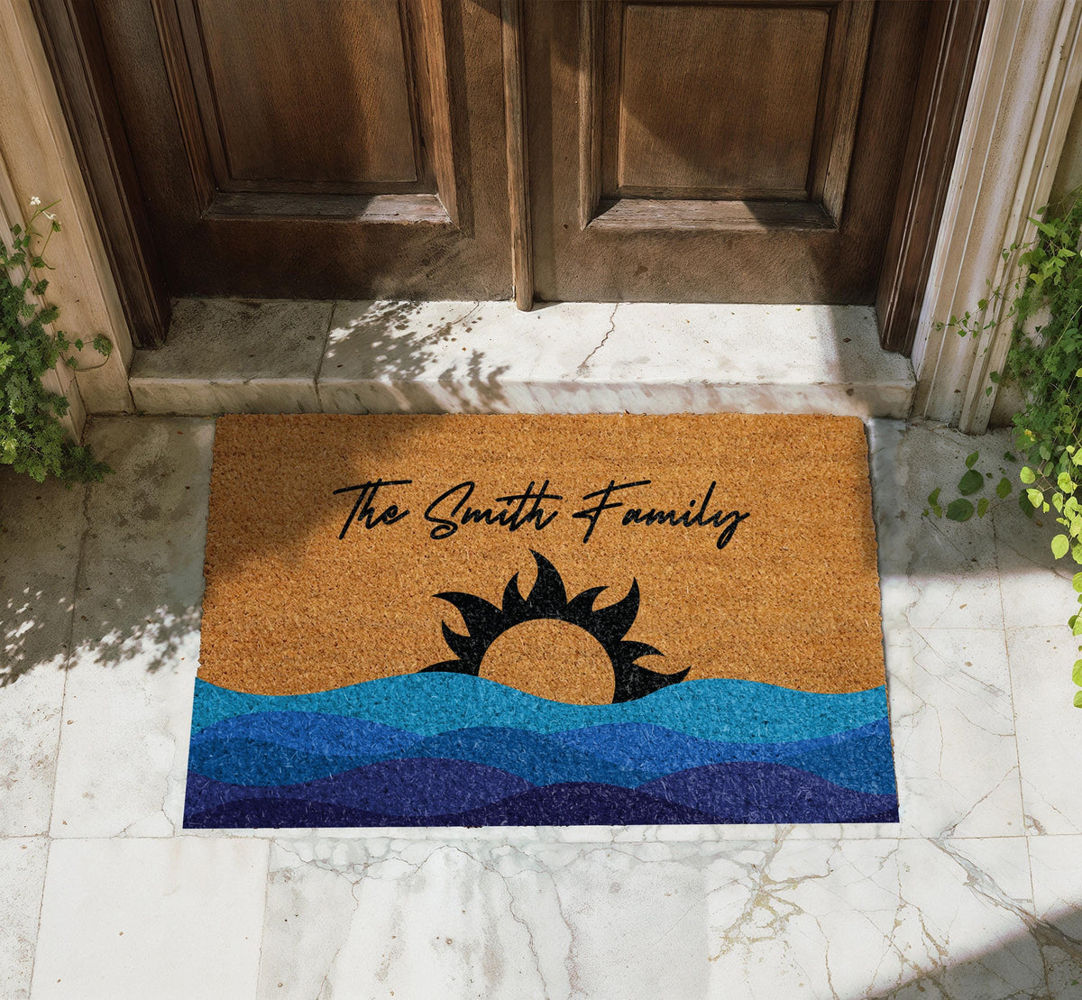 Personalized Family Name Summer Doormat, Sun & Waves Family Mat, Custom Entryway New Home Gift