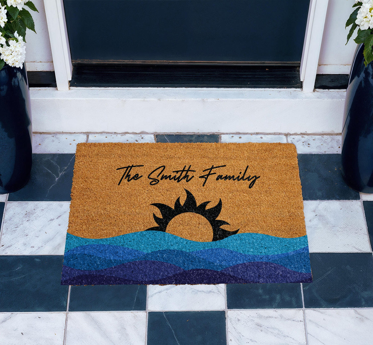 Personalized Family Name Summer Doormat, Sun & Waves Family Mat, Custom Entryway New Home Gift