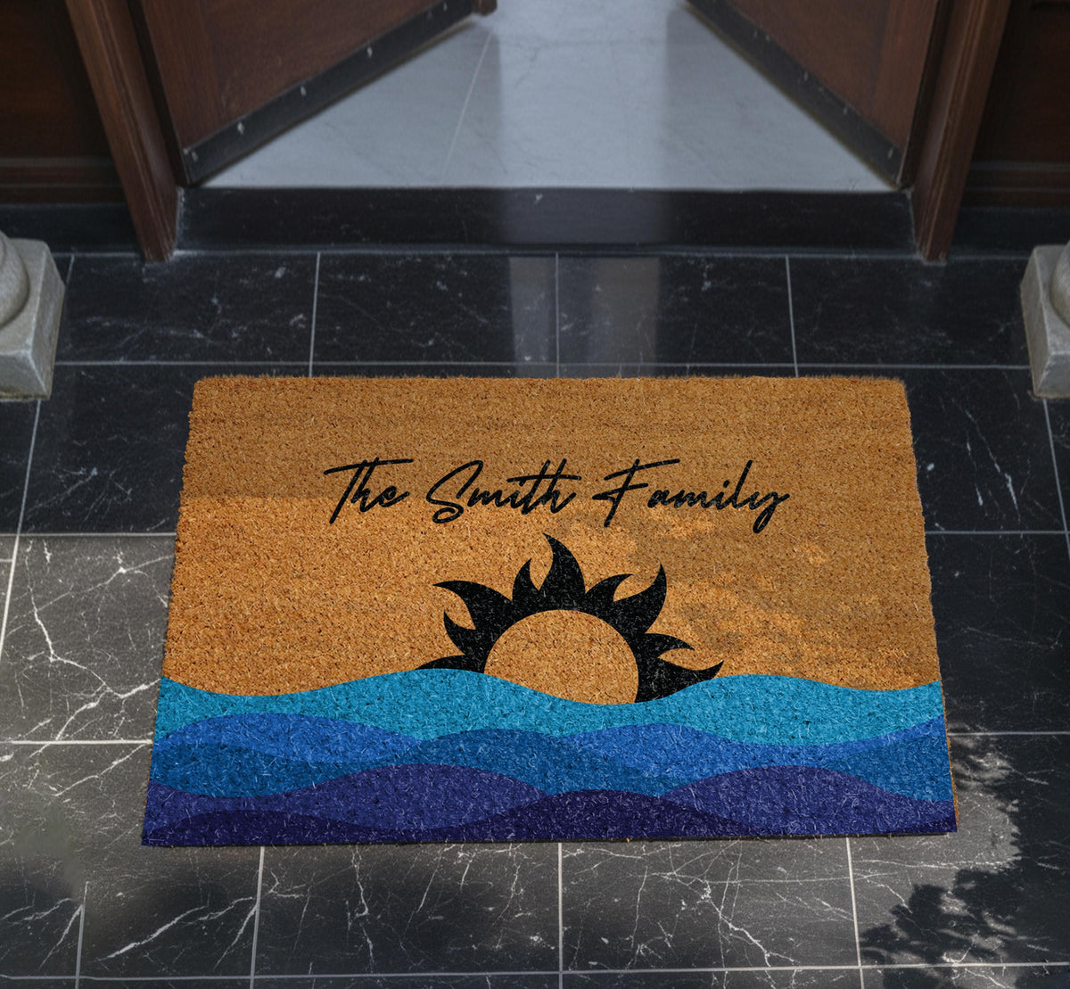 Personalized Family Name Summer Doormat, Sun & Waves Family Mat, Custom Entryway New Home Gift