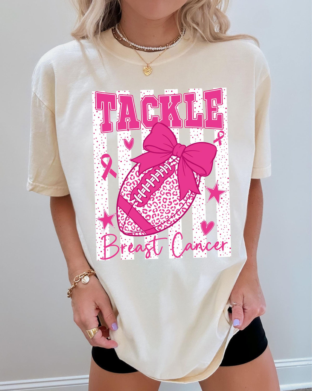Breast Cancer Football Comfort Colors® Shirt, Tackle Bow Breast Cancer Tee, Pink Ribbon Sport T-shirt