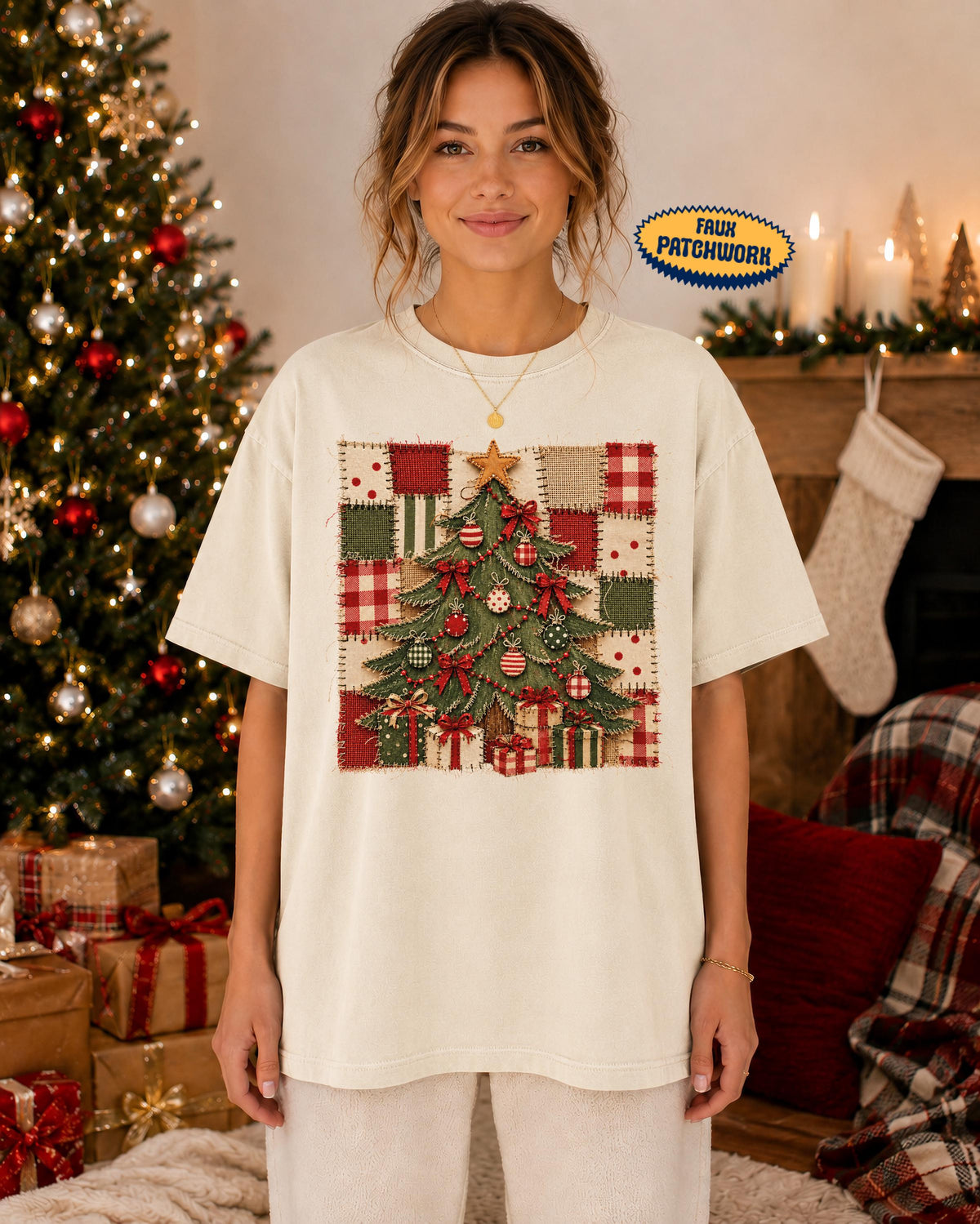 Faux Patchwork Christmas Tree Comfort Colors® Shirt, Merry Christmas Tee, Women Holiday Gift