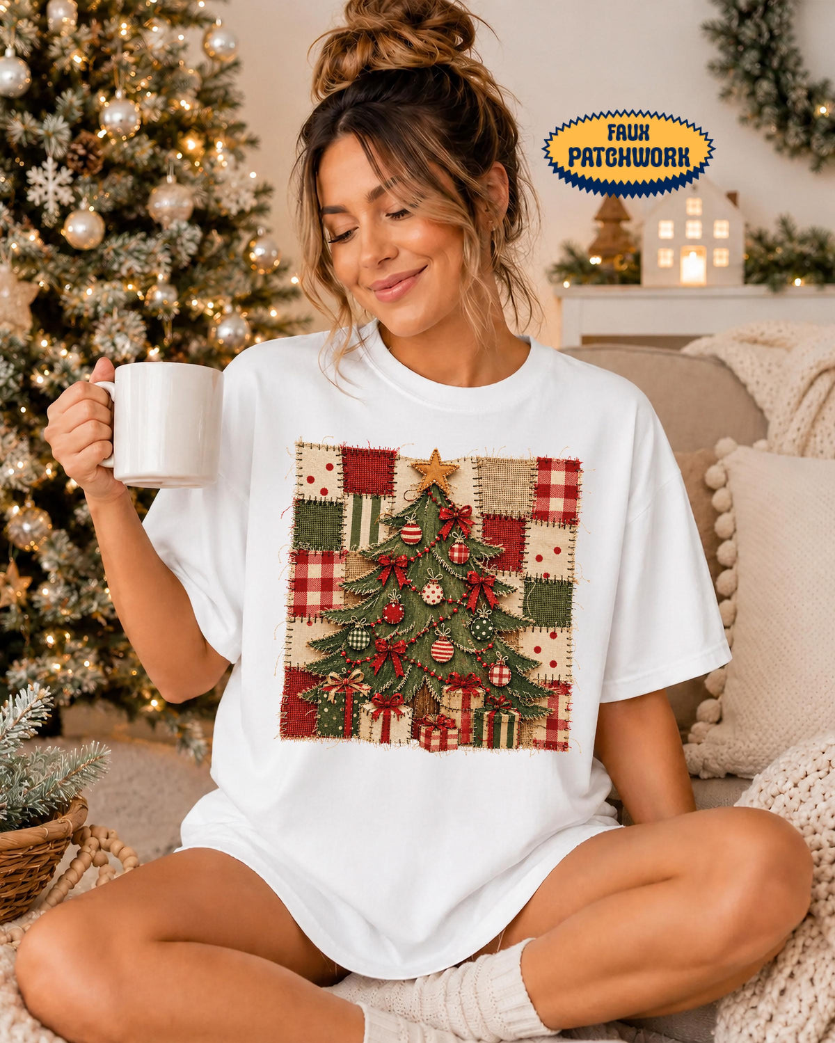 Faux Patchwork Christmas Tree Comfort Colors® Shirt, Merry Christmas Tee, Women Holiday Gift