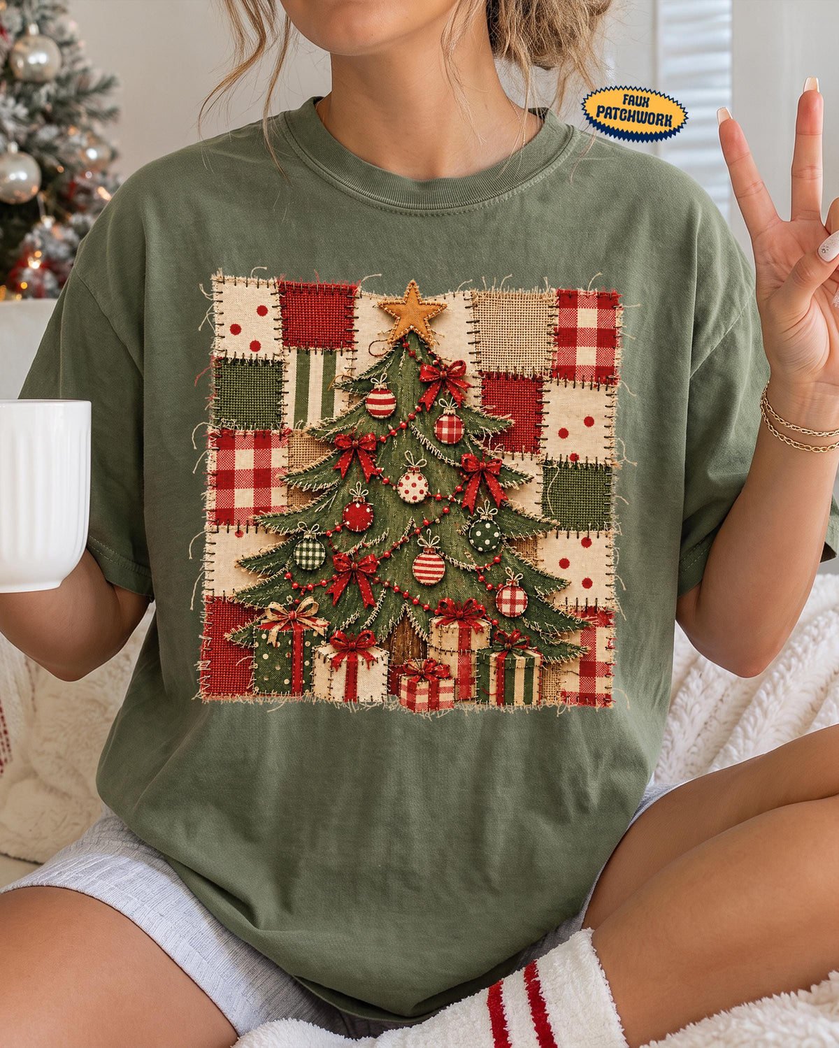 Faux Patchwork Christmas Tree Comfort Colors® Shirt, Merry Christmas Tee, Women Holiday Gift