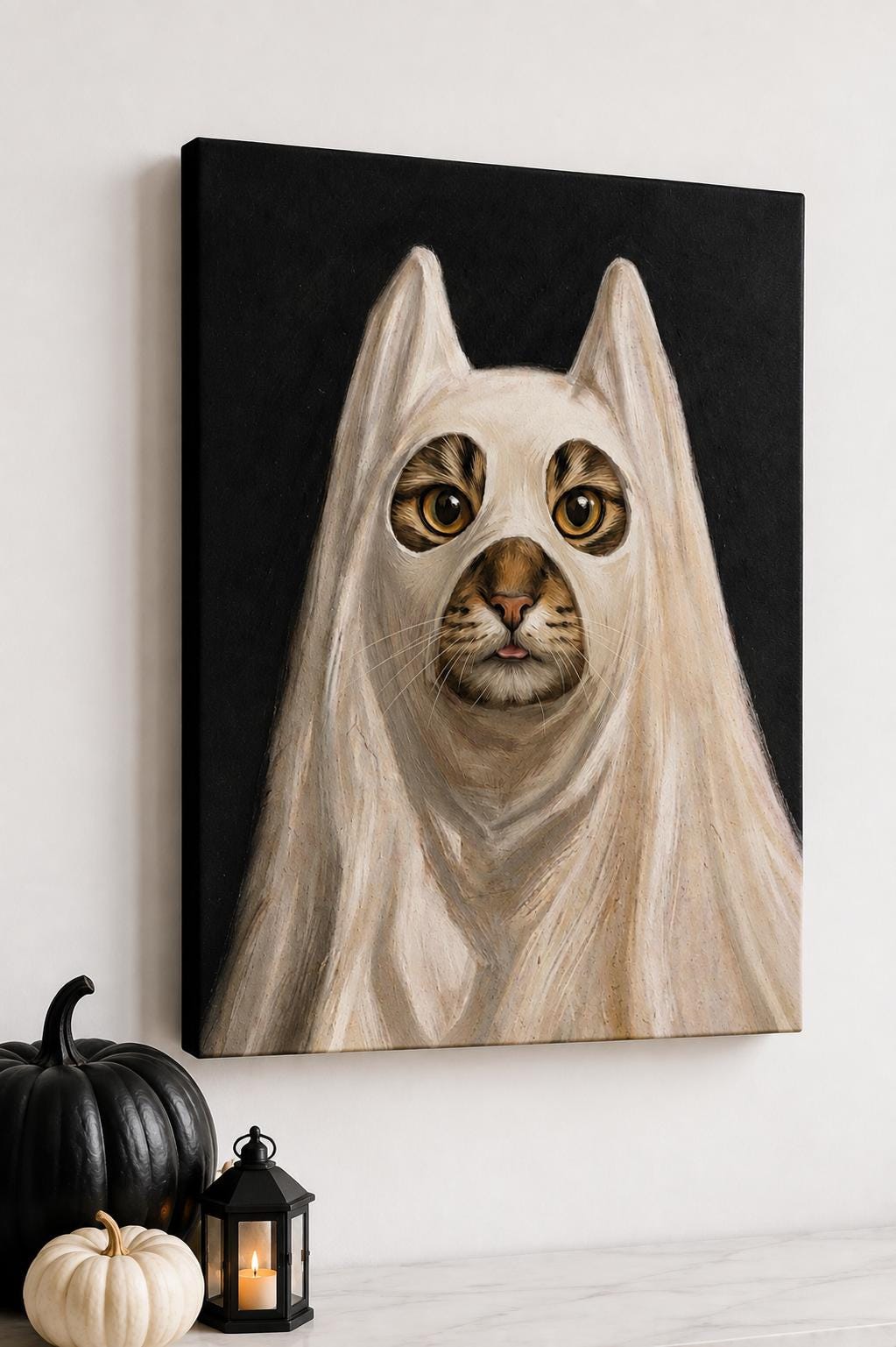 Ghost Cat Canvas Wall Art, Funny Halloween Pet Portrait, Spooky Season Cat Painting, Cute Ghost Kitten Print, Dark Academia Cat Decor