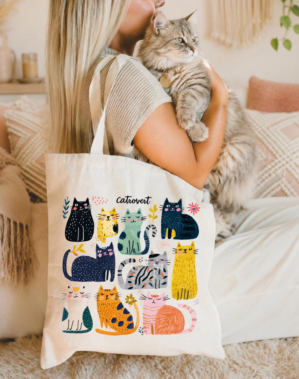 Cats Tote Bag, Cat Mom Gift Tote, Cat Lover Tote Bag, Colorful Cats Graphic Bag