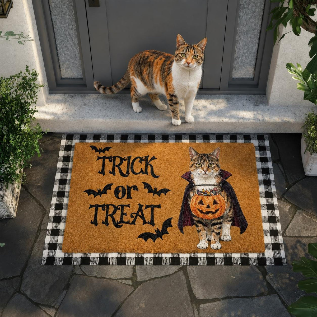 Custom Cat Halloween Coir Doormat, Personalized Cat Welcome Mat, Trick or Treat Porch Rug, Spooky Season Feline Lover Gift