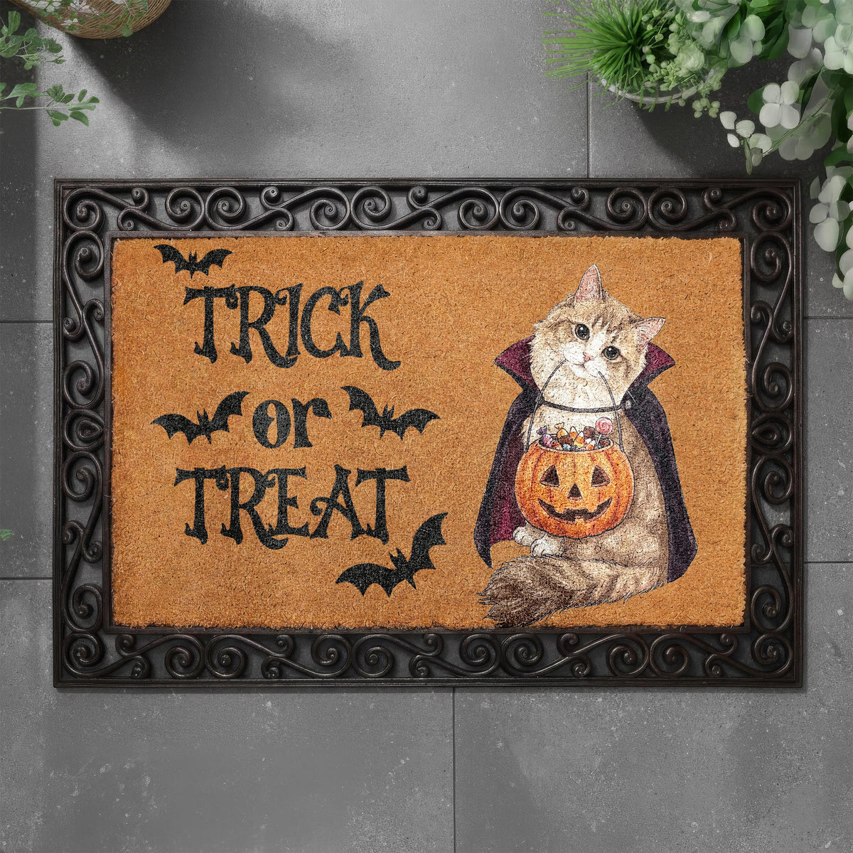 Custom Cat Halloween Coir Doormat, Personalized Cat Welcome Mat, Trick or Treat Porch Rug, Spooky Season Feline Lover Gift