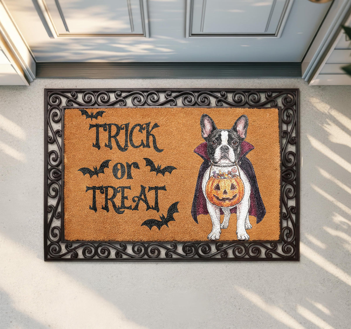 Custom Cat Halloween Coir Doormat, Personalized Cat Welcome Mat, Trick or Treat Porch Rug, Spooky Season Feline Lover Gift