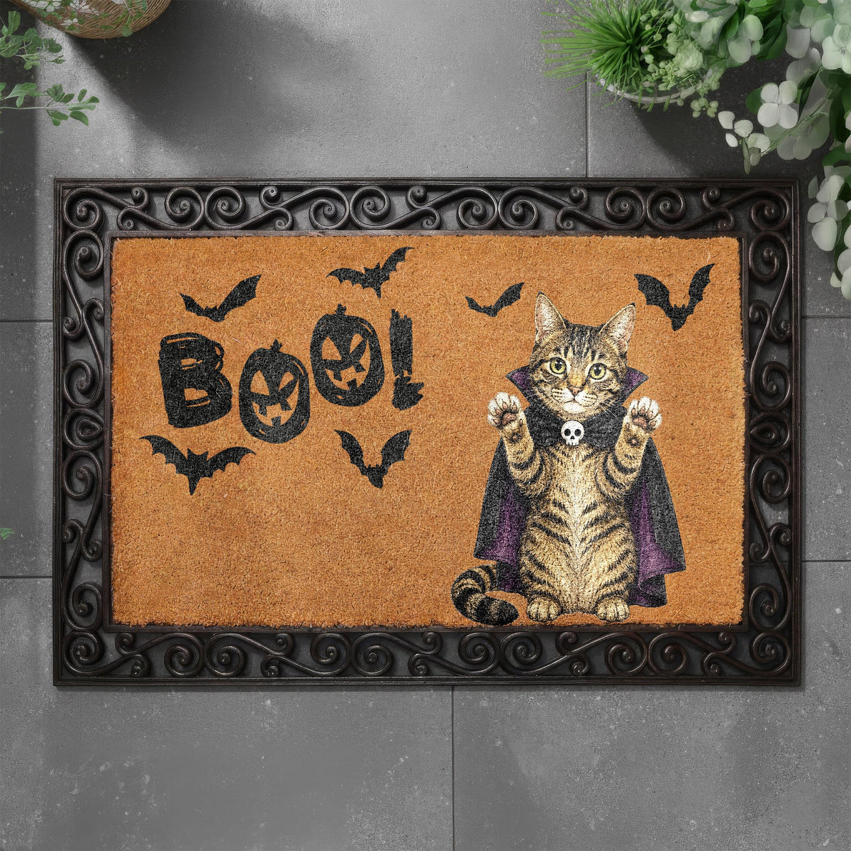 Custom Cat Halloween Coir Doormat, Personalized Orange Cat Welcome Mat, Boo Front Porch Rug, Spooky Season Feline Lover Gift