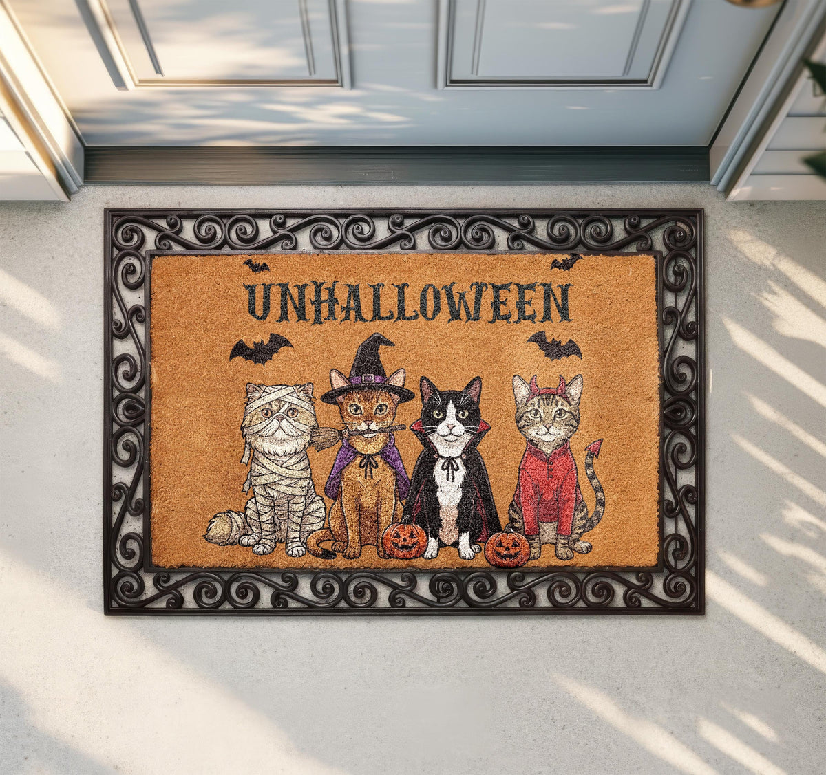 Halloween Cat Coir Doormat, Funny Cats Welcome Mat, Spooky Pet Porch Rug, Fall Front Door Decor, Unhalloween Cat Lover Gift