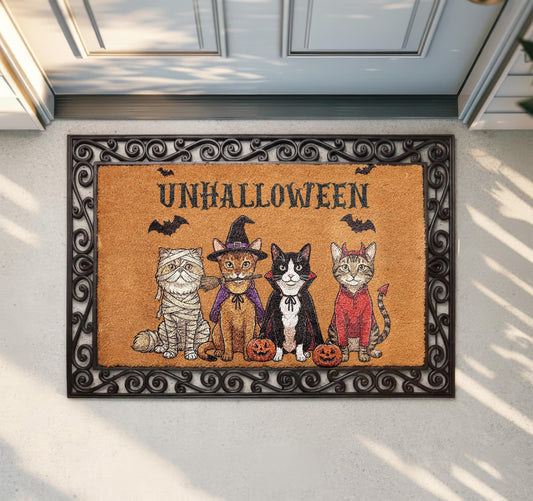 Halloween Cat Coir Doormat, Funny Cats Welcome Mat, Spooky Pet Porch Rug, Fall Front Door Decor, Unhalloween Cat Lover Gift