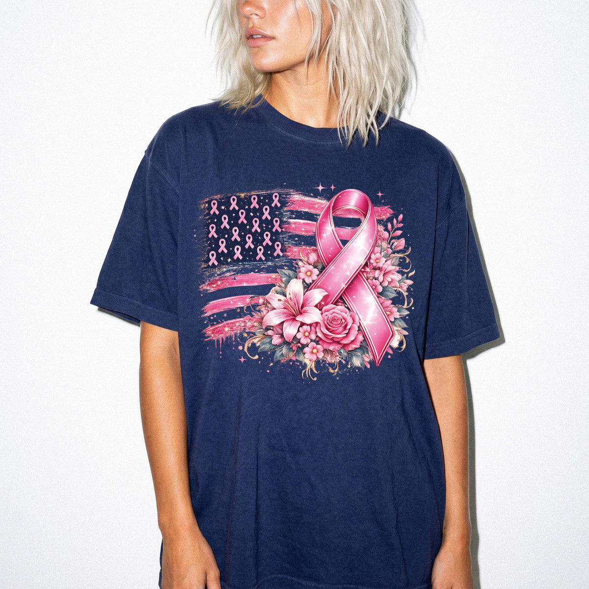 American Flag Breast Cancer Awareness Comfort Colors® Shirt, Pink Ribbon Tee, Cancer Fighter Tee