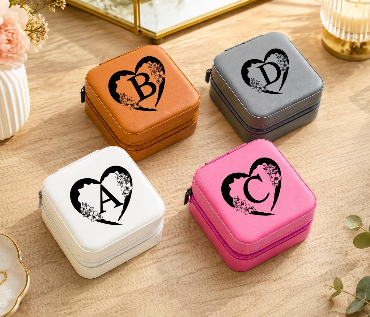 Personalized Initial Travel Jewelry Case with Heart and Floral Monogram