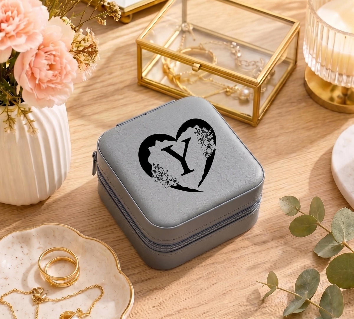 Personalized Initial Travel Jewelry Case with Heart and Floral Monogram