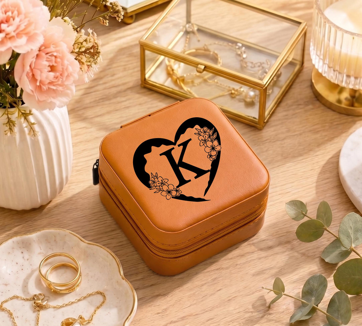 Personalized Initial Travel Jewelry Case with Heart and Floral Monogram