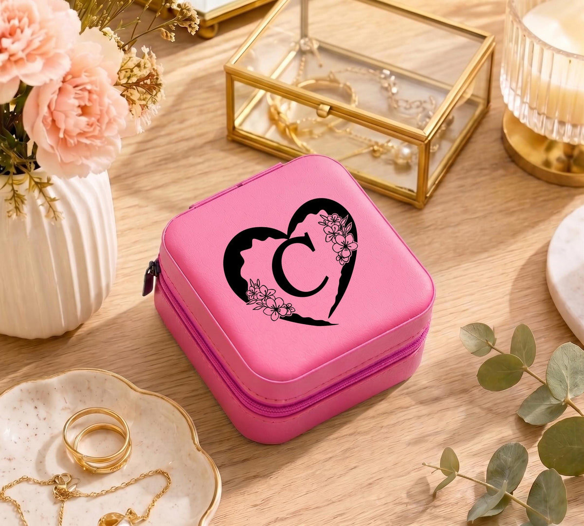 Personalized Initial Travel Jewelry Case with Heart and Floral Monogram
