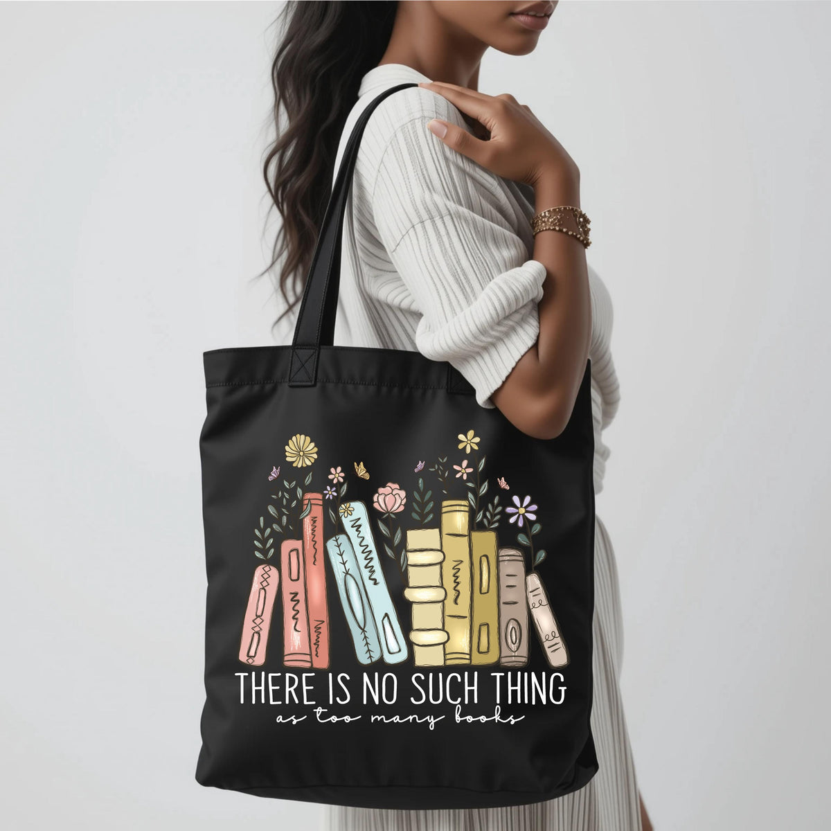 Cute Bookish Tote Bag, There Is No Such Thing As Too Many Books Tote Bag, Floral Librarian Canvas Bag, Book Carrying Bag, Book Lover Gift