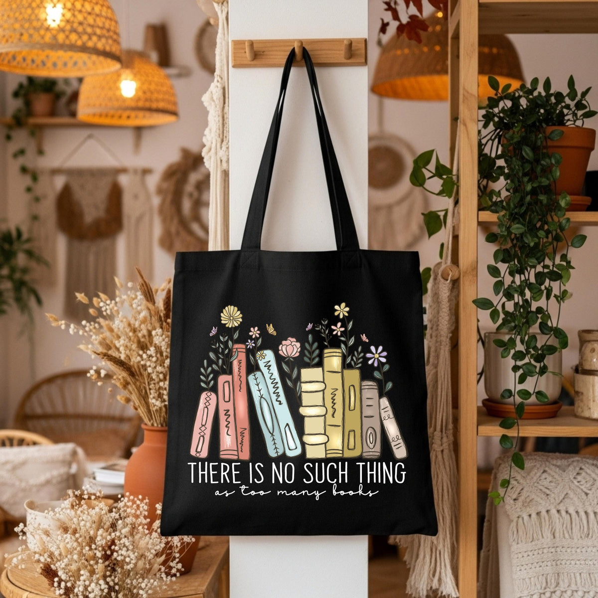 Cute Bookish Tote Bag, There Is No Such Thing As Too Many Books Tote Bag, Floral Librarian Canvas Bag, Book Carrying Bag, Book Lover Gift