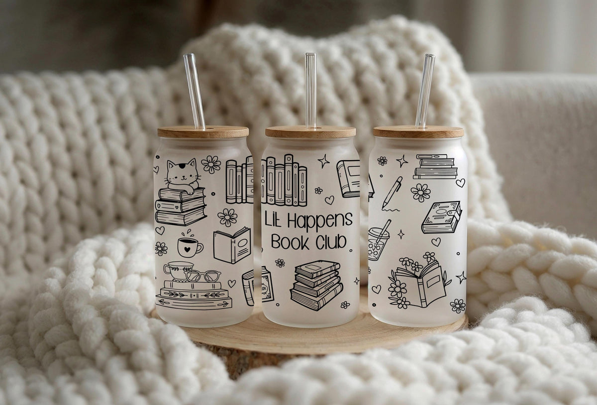 Custom Book Club Glass Tumbler, Personalized Book Lover Iced Coffee Cup (16 oz)