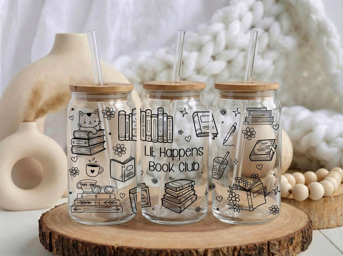 Custom Book Club Glass Tumbler, Personalized Book Lover Iced Coffee Cup (16 oz)