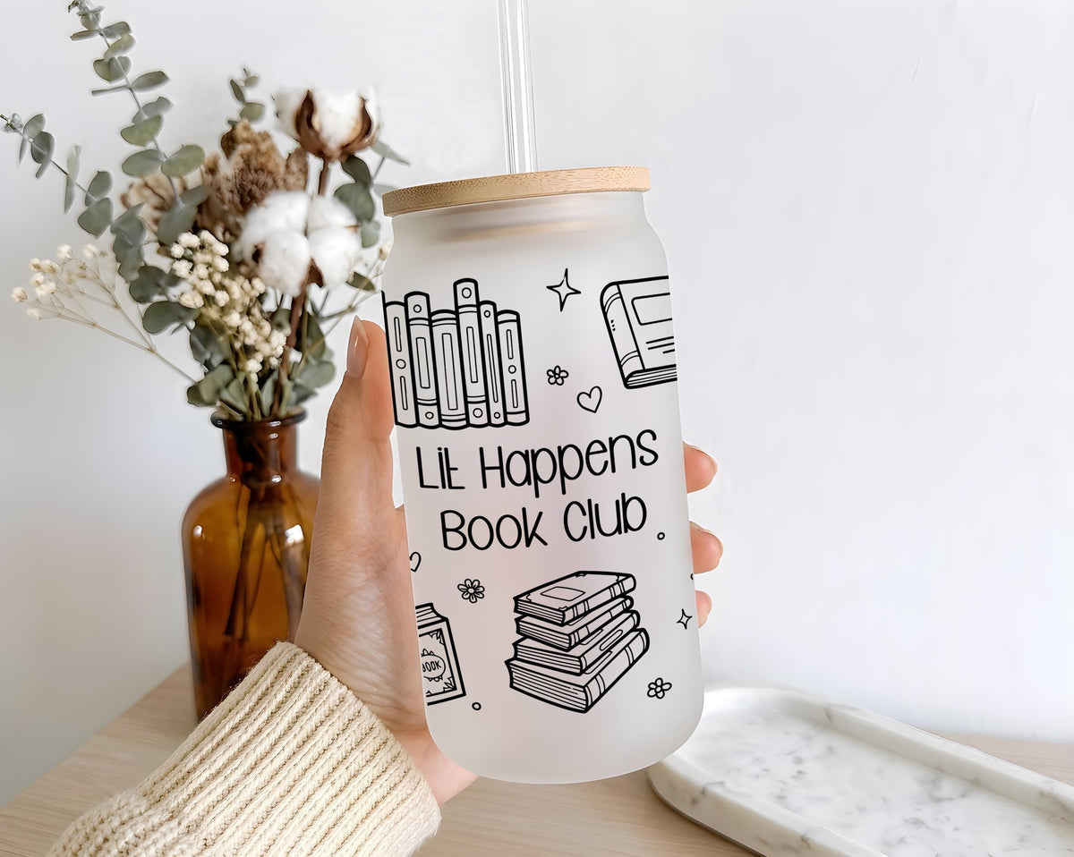Custom Book Club Glass Tumbler, Personalized Book Lover Iced Coffee Cup (16 oz)