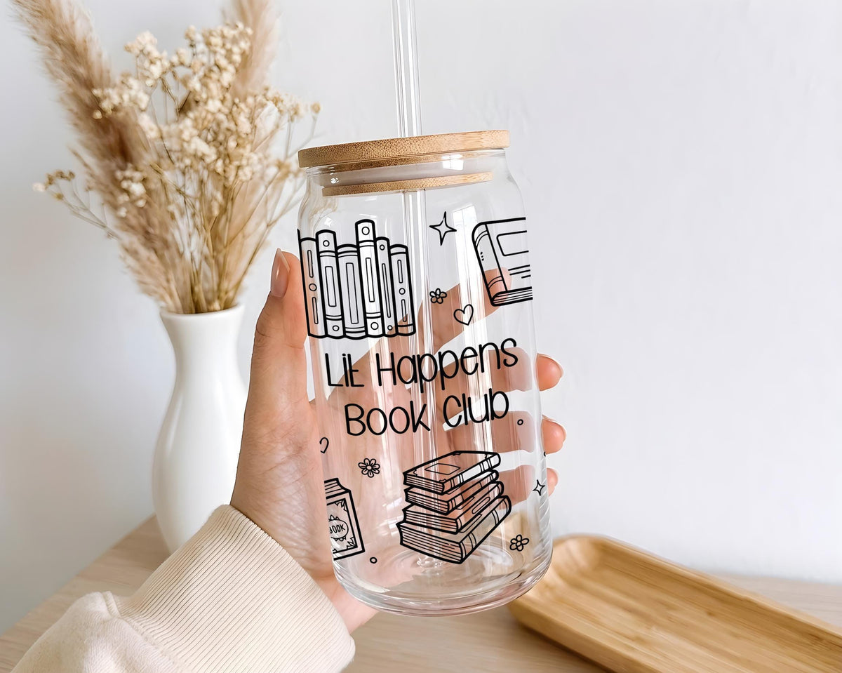 Custom Book Club Glass Tumbler, Personalized Book Lover Iced Coffee Cup (16 oz)