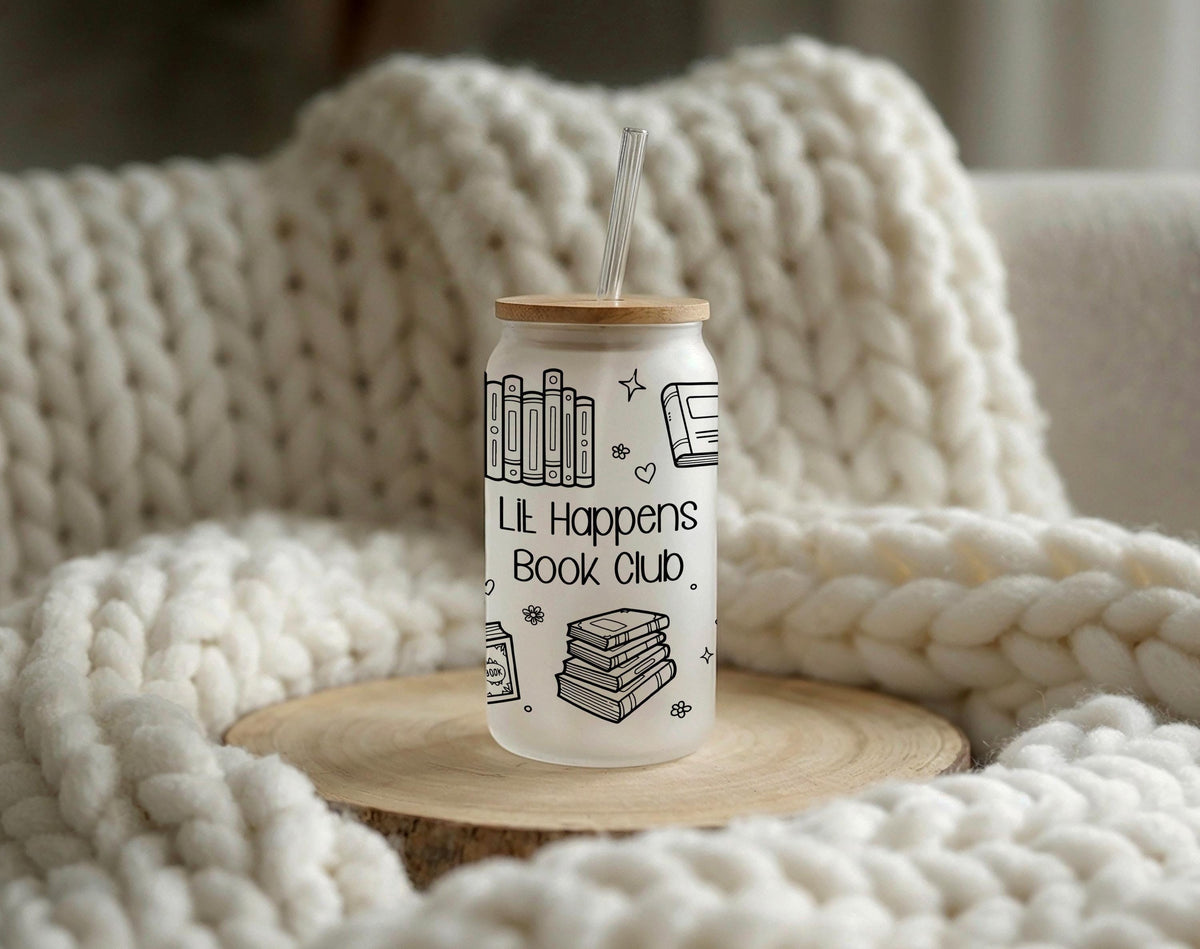 Custom Book Club Glass Tumbler, Personalized Book Lover Iced Coffee Cup (16 oz)