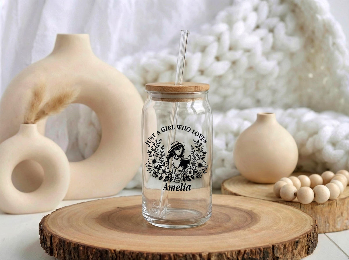 Personalized Book Lover Glass Can Cup, Floral Iced Coffee Tumbler (16 oz)