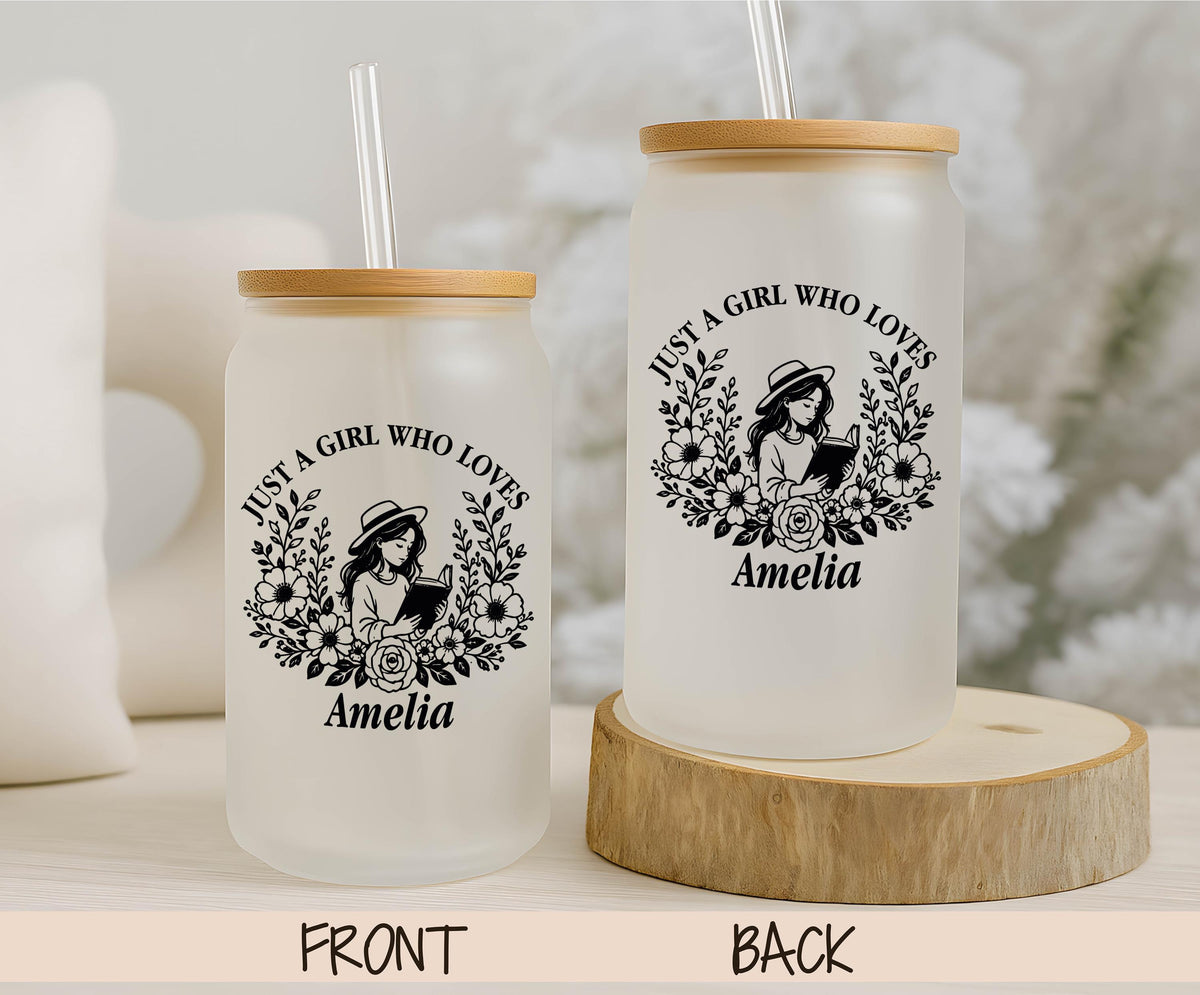 Personalized Book Lover Glass Can Cup, Floral Iced Coffee Tumbler (16 oz)