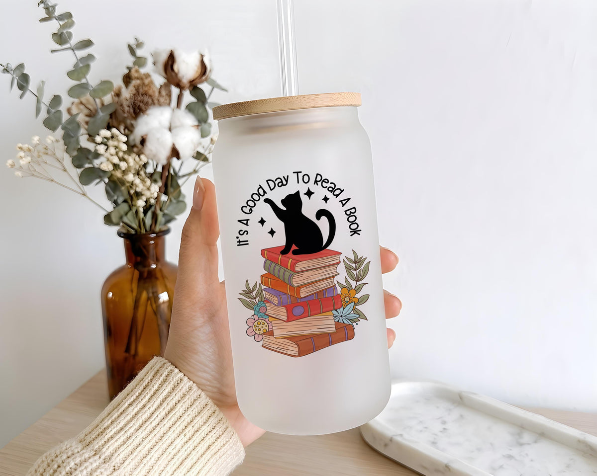 Cat Reading Books Glass Tumbler, Iced Coffee Cup, Book Lover Gift