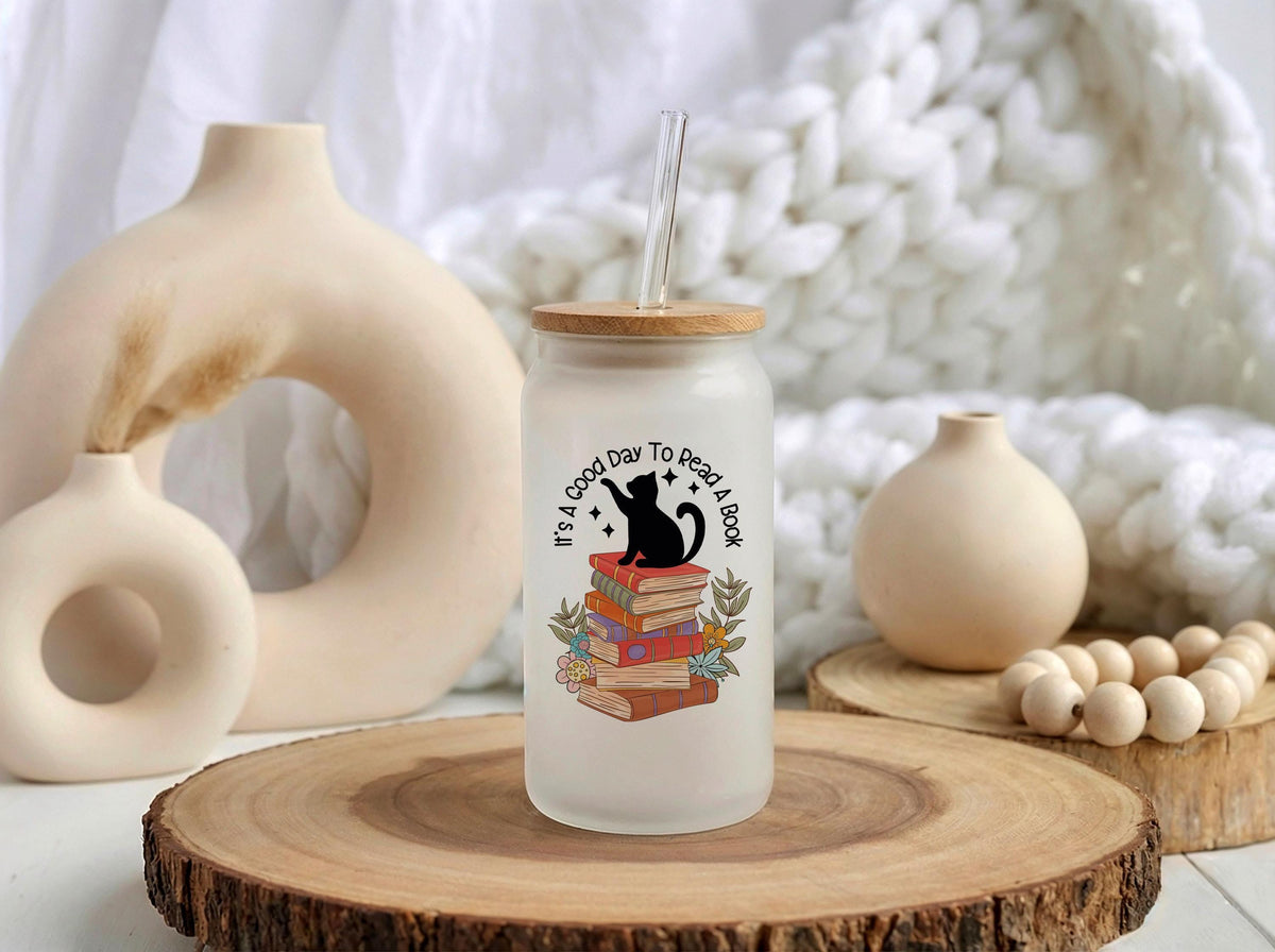 Cat Reading Books Glass Tumbler, Iced Coffee Cup, Book Lover Gift