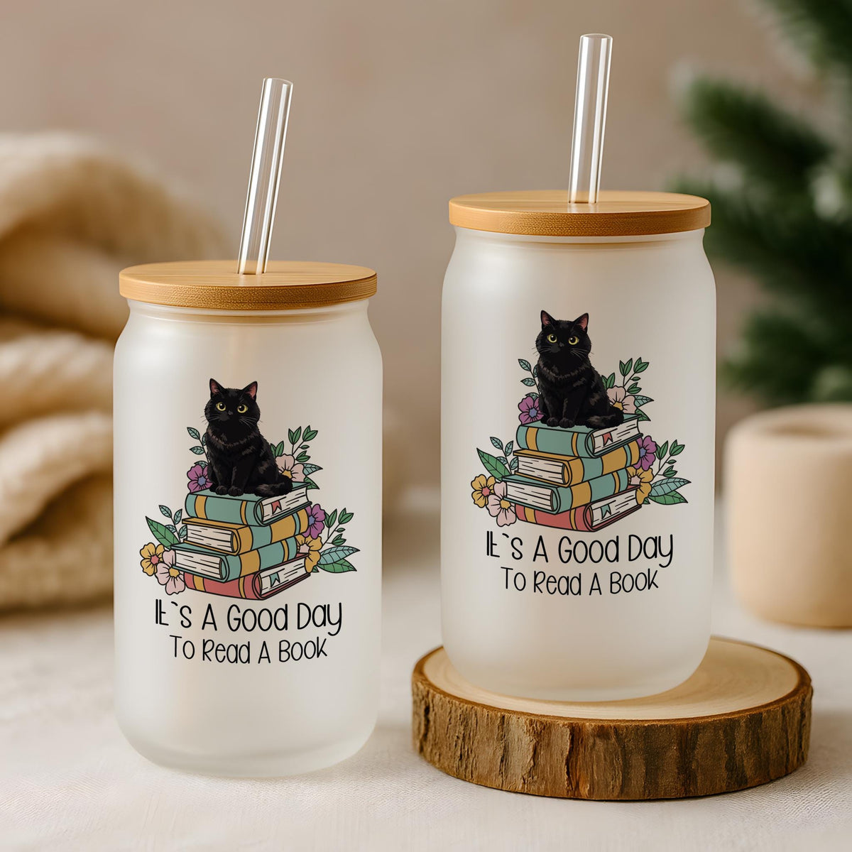 Black Cat Book Stack Iced Coffee Tumbler, Cozy Reading Gift (16 oz Glass)