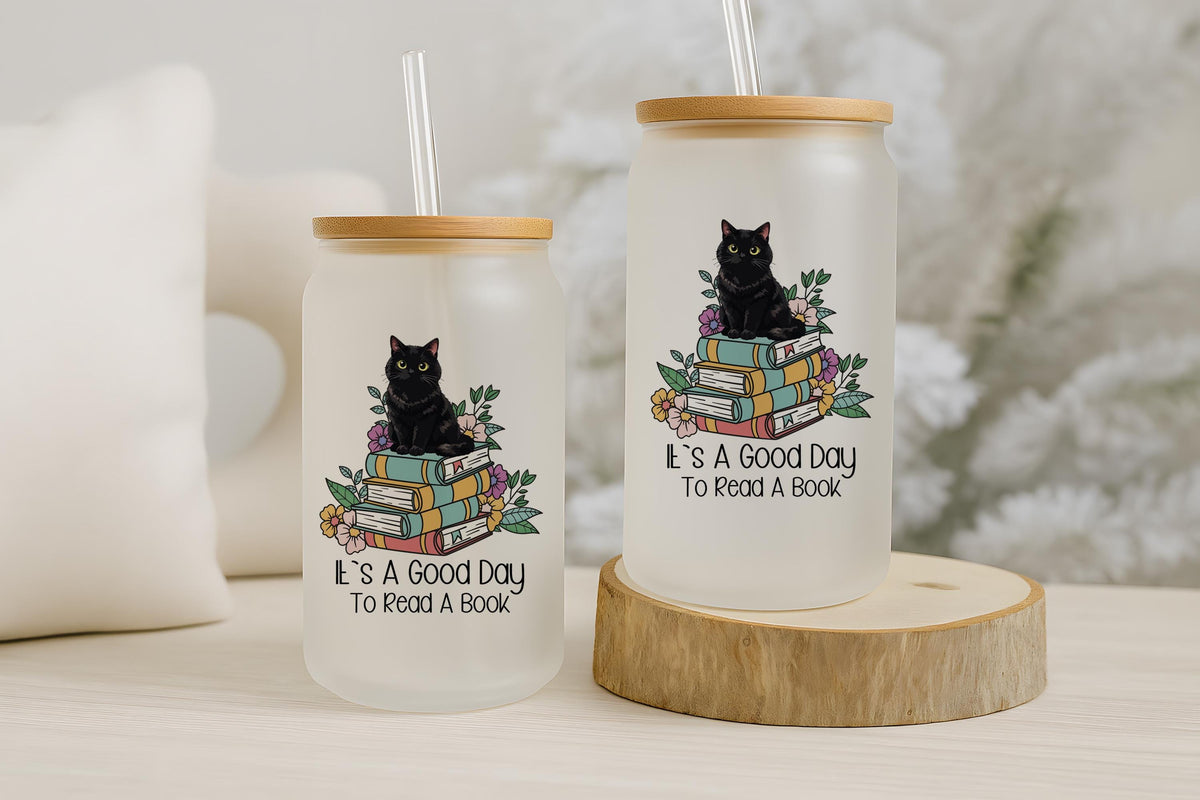 Black Cat Book Stack Iced Coffee Tumbler, Cozy Reading Gift (16 oz Glass)
