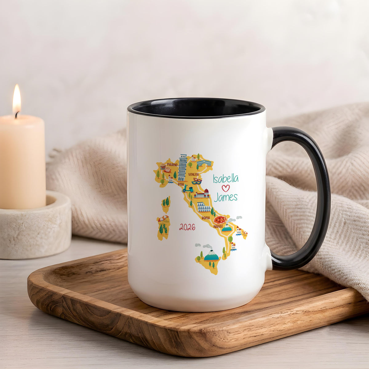Personalized Italy Map Mug, Custom Couple Travel Cup, Honeymoon Anniversary Gift