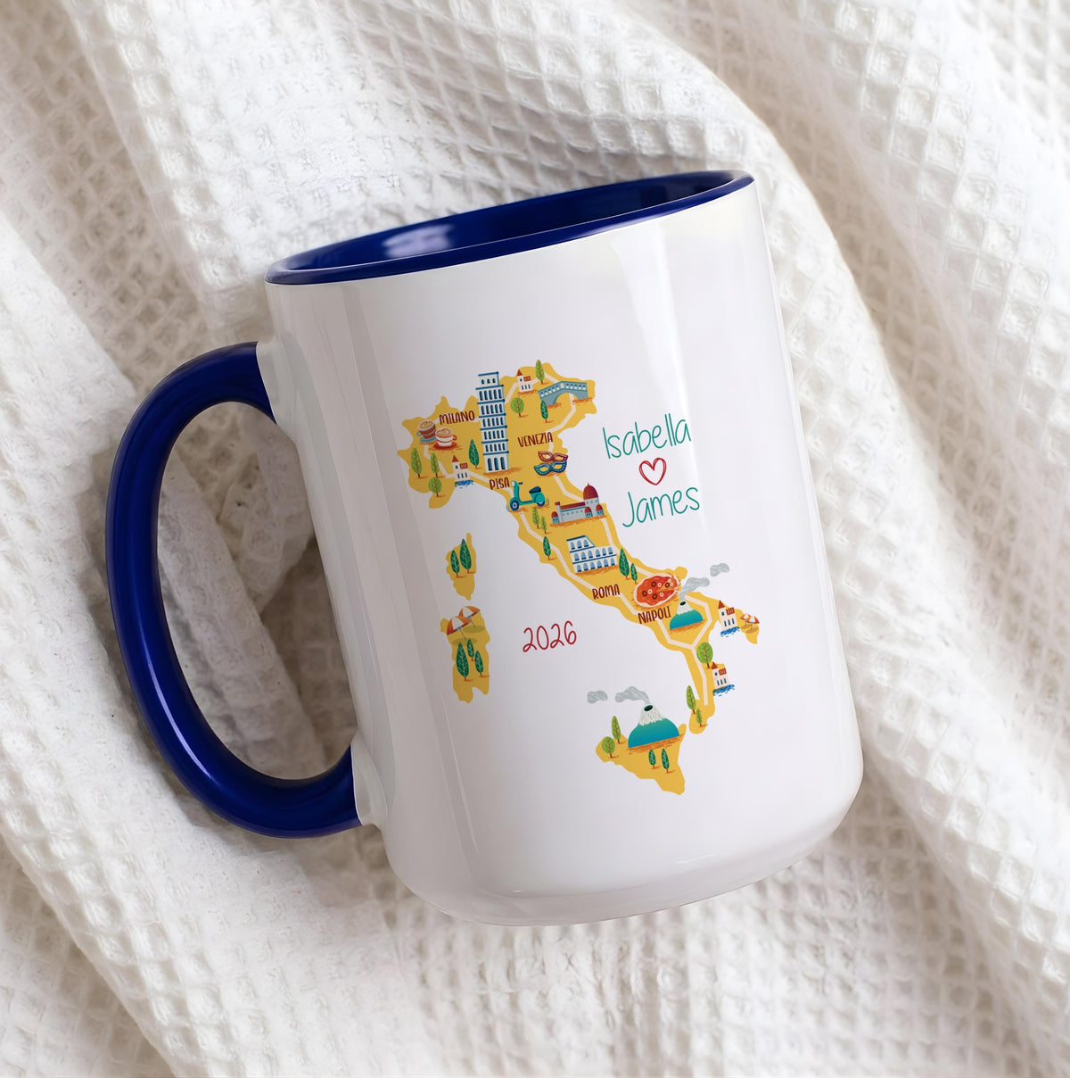 Personalized Italy Map Mug, Custom Couple Travel Cup, Honeymoon Anniversary Gift