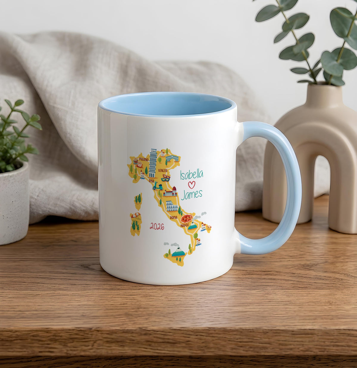 Personalized Italy Map Mug, Custom Couple Travel Cup, Honeymoon Anniversary Gift