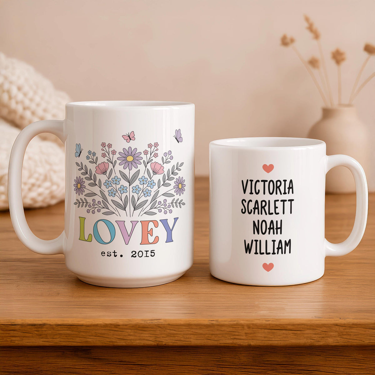 Custom Grandma Mug, Personalized Grandkids Names, Floral Est Year Ceramic Coffee Cup