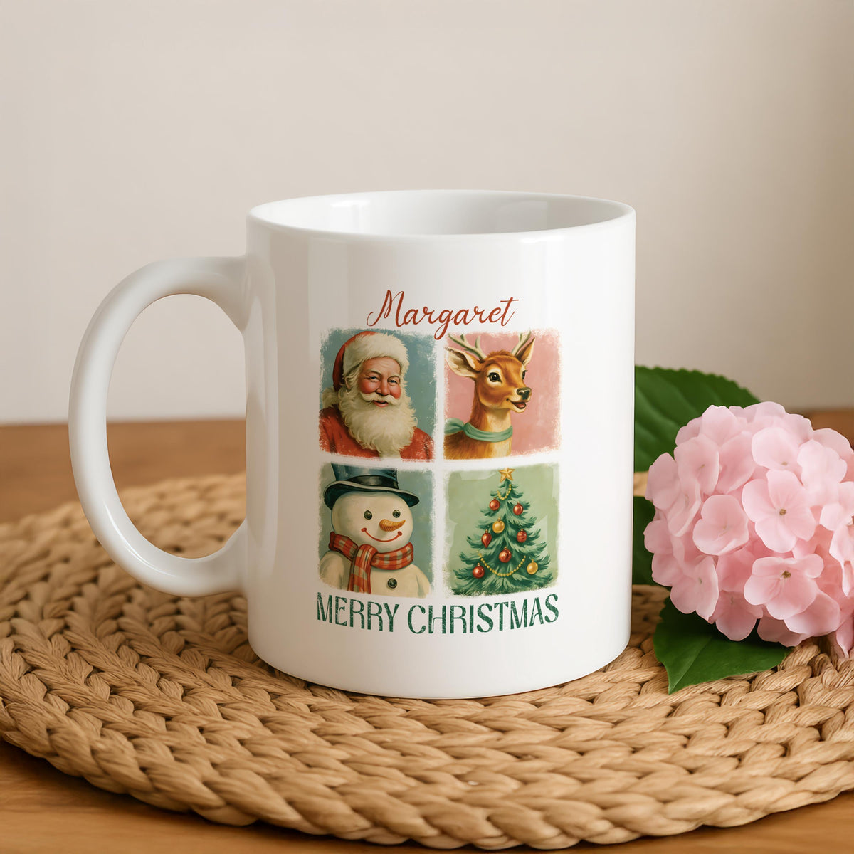 Personalized Christmas Ceramic Mug, Custom Name Coffee Cup, Festive Characters Tea Mug
