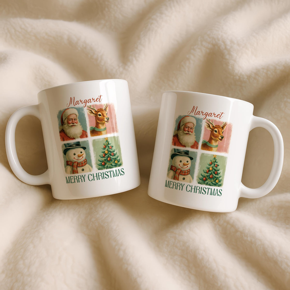 Personalized Christmas Ceramic Mug, Custom Name Coffee Cup, Festive Characters Tea Mug