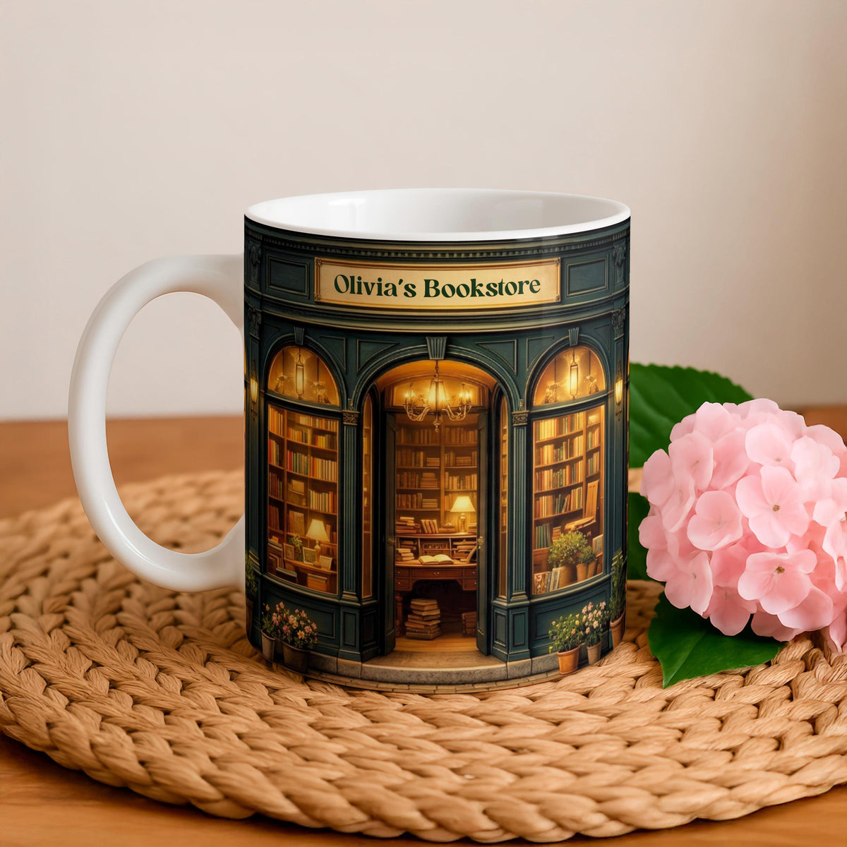 Personalized Bookstore Ceramic Mug, Custom Name Coffee Cup, Book Lover Gift