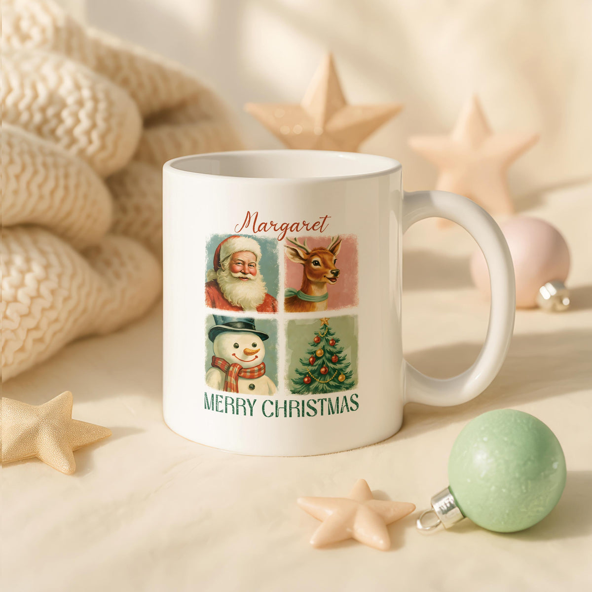 Personalized Christmas Ceramic Mug, Custom Name Coffee Cup, Festive Characters Tea Mug